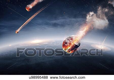 Stock Photo - Meteors falling towards earth. Fotosearch
