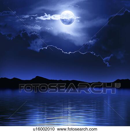 Stock Image - Moon and clouds above water. Fotosearch