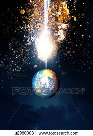 Stock Image - Planet earth and asteroids. Fotosearch
