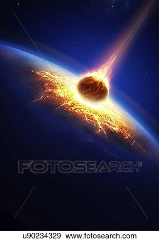 Stock Photo - Planet earth being hit by asteroid. Fotosearch