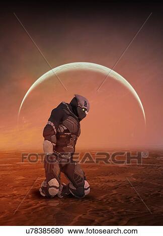 Stock Image - Robot kneeling on planet surface. Fotosearch