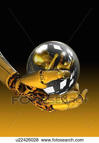 Robotic hand holding sphere with baby, illustration View Large Photo Image Stock Photo - Robotic hand holding sphere with baby, illustration. Fotosearch