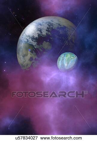 Stock Photo - Two planets in purple clouds. Fotosearch