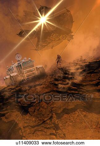 Stock Image - Vehicle and robot on planet surface. Fotosearch