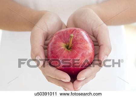 Stock Image - Woman holding red apple in cupped hands. Fotosearch