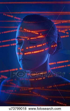 Woman with red lights on face View Large Photo Image Stock Photo - Woman with red lights on face. Fotosearch