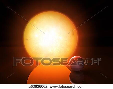 Stock Image - NGTS-1 red dwarf and its planet, illustration. Fotosearch