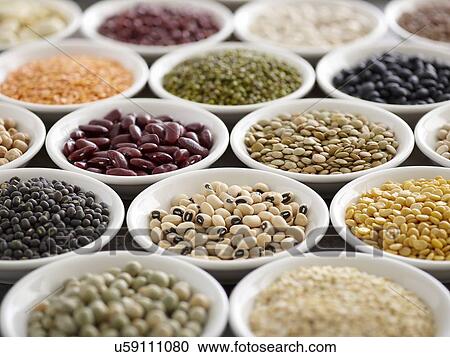 Stock Image - Pulses in white bowls. Fotosearch