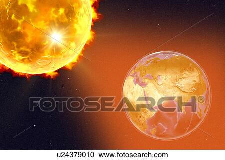 Stock Image - Solar flare hitting Earth, illustration. Fotosearch