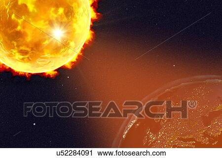 Stock Image - Solar flare hitting Earth, illustration. Fotosearch