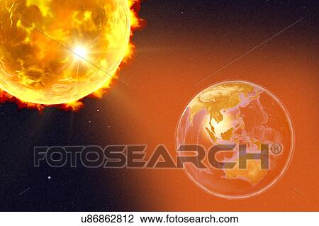 Stock Image - Solar flare hitting Earth, illustration. Fotosearch