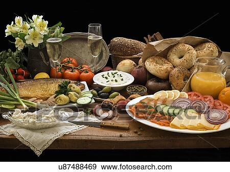 Bagels, cream cheese, salmon and vegetables View Large Photo Image Stock Photo - Bagels, cream cheese, salmon and vegetables. Fotosearch