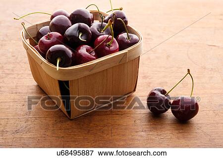 Stock Photo - Basket full of cherries on wooden table. Fotosearch