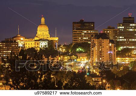 Stock Photo - Canada, Alberta, Edmonton, Cityscape at night. Fotosearch
