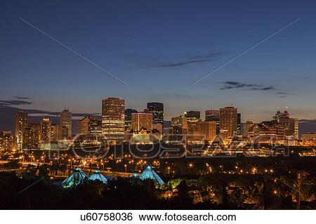 Stock Photograph - Canada, Alberta, Edmonton, Cityscape at dusk. Fotosearch