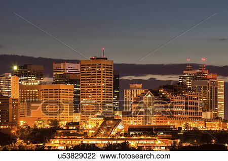Stock Image - Canada, Alberta, Edmonton, Financial district at dusk. Fotosearch