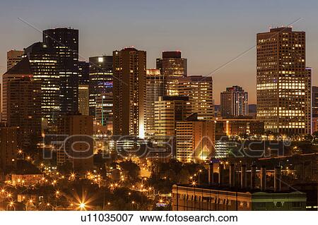Stock Photo - Canada, Alberta, Edmonton, Financial district at dusk. Fotosearch