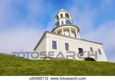 Stock Image - Canada, Nova Scotia, Halifax, Low angle view of Town Clock. Fotosearch