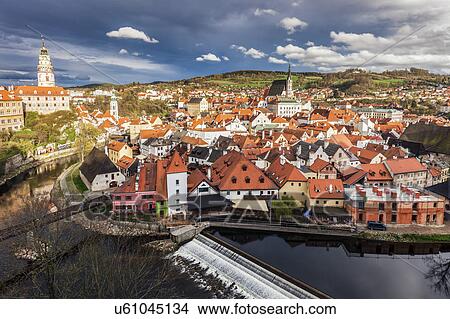 Picture - Czech Republic, South Bohemia, Cesky Krumlov, Clouds above town. Fotosearch