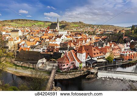 Stock Image - Czech Republic, South Bohemia, Cesky Krumlov, Scenic view of old town. Fotosearch