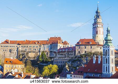 Stock Photo - Czech Republic, South Bohemia, Cesky Krumlov, Castle and buildings against clear sky. Fotosearch