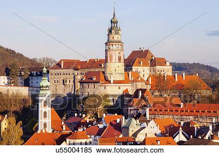 Stock Photography - Czech Republic, South Bohemia, Cesky Krumlov, Townhouses and castle in background. Fotosearch