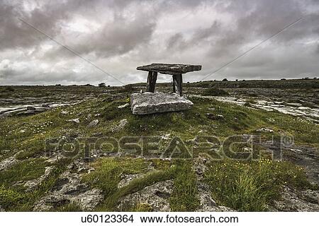 Picture - Ireland, Clare County, Burren, Poulnabrone Dolmen over plain. Fotosearch