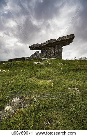 Stock Image - Ireland, Clare County, Burren, Poulnabrone Dolmen under overcast sky. Fotosearch