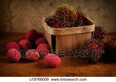 Stock Photo - Organic lychee in basket and on wooden table. Fotosearch