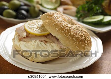Picture - Sandwich with whitefish and cream cheese. Fotosearch
