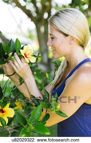 Blonde beautiful woman picking flowers View Large Photo Image Stock Image - Blonde beautiful woman picking flowers. Fotosearch