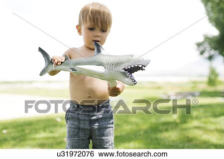 Boy (2-3) playing with toy shark View Large Photo Image Stock Photograph - Boy (2-3) playing with toy shark. Fotosearch