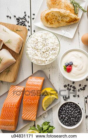 Chicken meat, fish, cottage cheese, yogurt and eggs on white table View Large Photo Image Stock Image - Chicken meat, fish, cottage cheese, yogurt and eggs on white table. Fotosearch