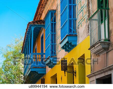 Cuba, Havana, Building exterior with blue windows View Large Photo Image Picture - Cuba, Havana, Building exterior with blue windows. Fotosearch