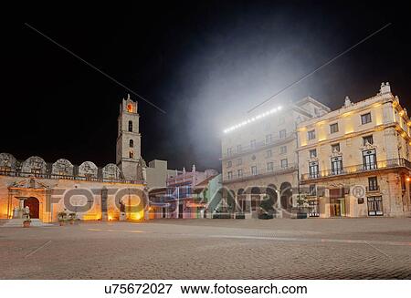Cuba, Havana, Plaza De San Francisco at night View Large Photo Image Stock Photo - Cuba, Havana, Plaza De San Francisco at night. Fotosearch