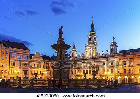 Stock Image - Czech Republic, Bohemia, Ceske Budejovice (Budweis), City Hall at night. Fotosearch