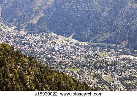 Stock Image - France, Auvergne-Rhone-Alpes, Chamonix seen from Reserve Naturelle de Carlaveyron. Fotosearch