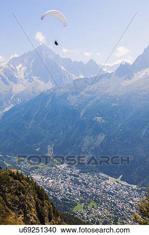 Stock Image - France, Auvergne-Rhone-Alpes, Chamonix, Chamonix seen from Reserve Naturelle de Carlaveyron. Fotosearch