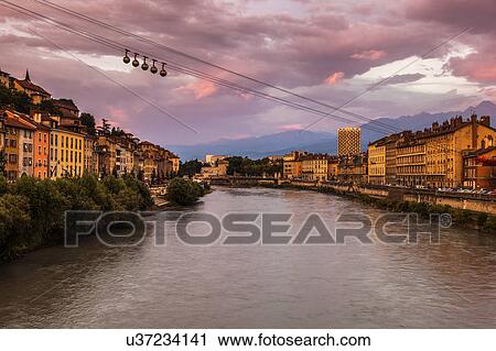Stock Image - France, Auvergne-Rhone-Alpes, Grenoble-Bastille cable car. Fotosearch