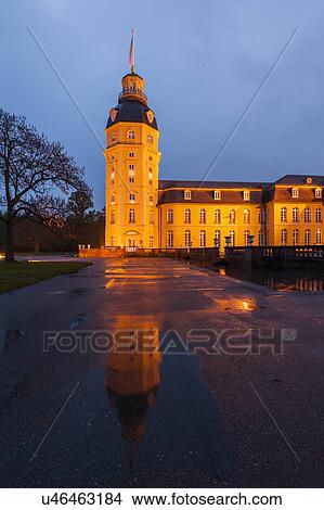 Picture - Germany, Baden-Wurttemberg, Karlsruhe, Illuminated Karlsruhe Palace. Fotosearch