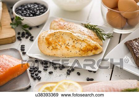 Stock Photo - Grilled chicken meat on plate. Fotosearch