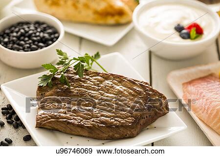 Grilled chicken served with black beans, yogurt and cottage cheese View Large Photo Image Stock Photo - Grilled chicken served with black beans, yogurt and cottage cheese. Fotosearch