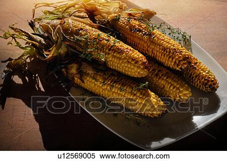 Grilled corn on cob with thyme on plate View Large Photo Image Stock Photography - Grilled corn on cob with thyme on plate. Fotosearch