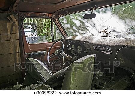 Stock Image - Interior of abandoned pick-up truck. Fotosearch