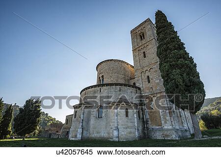 Stock Photography - Italy, Tuscany, Montalcino, Facade of Abbey of Sant'Antimo near Montalcino city. Fotosearch
