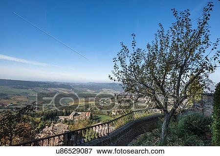 Stock Photo - Italy, Tuscany, Montepulciano, Blue sky view of colorful fields from Montepulciano city wall with tree in foreground. Fotosearch