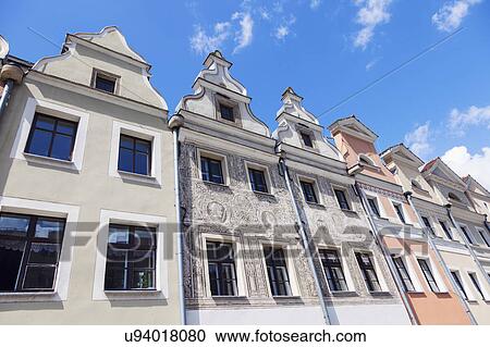 Stock Image - Poland, Lower Silesian, Legnica, Low angle view of buildings with ornate gables. Fotosearch