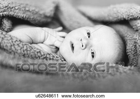 Stock Image - Portrait of one day Baby boy (0-1 months) lying on blanket. Fotosearch