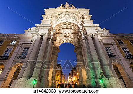 Stock Photo - Portugal, Lisbon, Rua Augusta Arch on Plaza of Commerce. Fotosearch