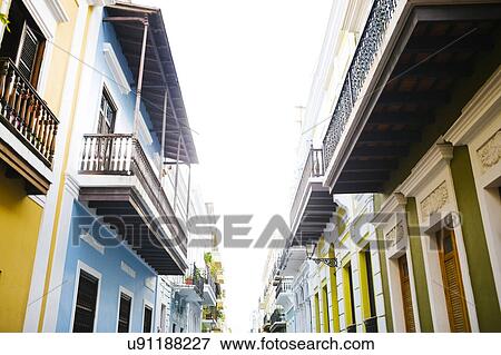 Stock Photo - Puerto Rico, San Juan, Colorful buildings in town center. Fotosearch